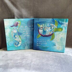Seahorse And Turtle 12" X 12" Canvas Wall Art Mixed Media Beach Decor Set New